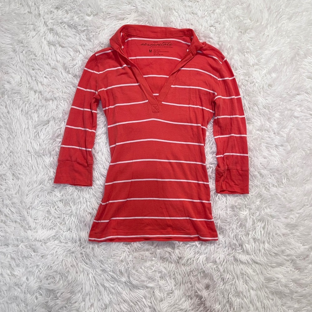 y2k aeropostale orange striped v neck collared long sleeve top medium